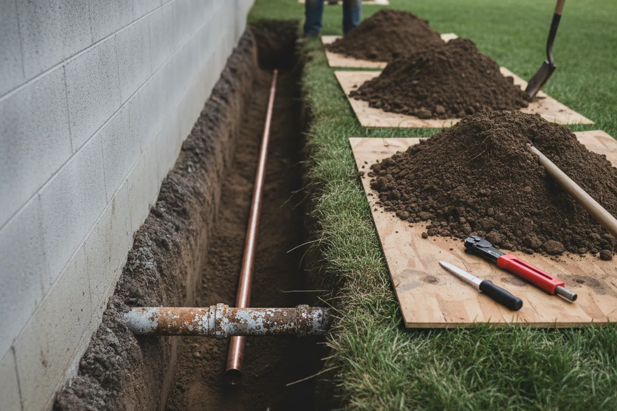 Excavated water line trench during Sewer Line Repair in Ludlow Falls